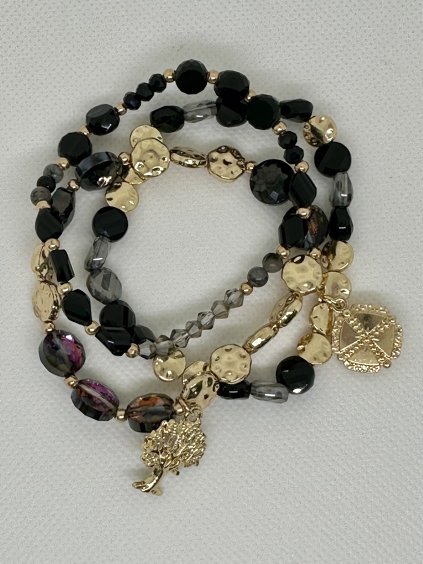 Trojitý skládaný náramek se stromem života - černý