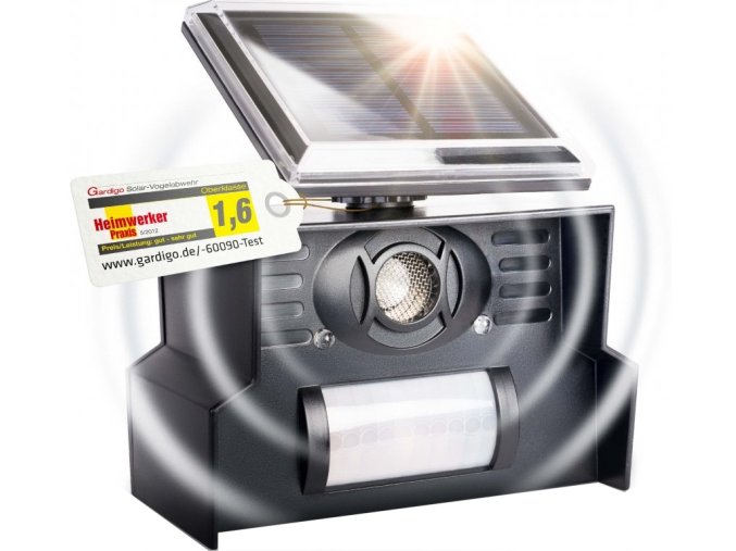 Solární plašič ptáků PIR ultrazvukový PIR s LED bleskem / 45 m2 / GARDIGO