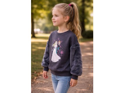 Dívčí mikina FROZEN přes hlavu s chlupatými rukávy šedá