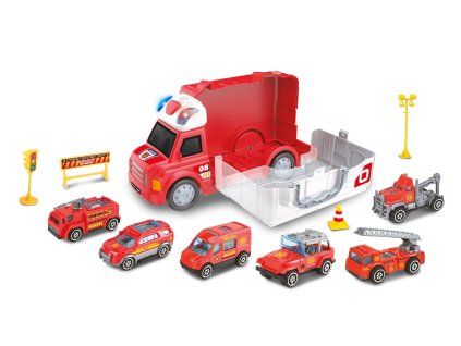 Auto hasičské s efekty a 6 malými auty 34 cm