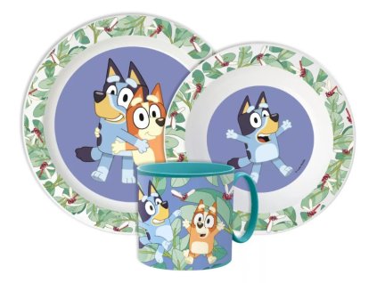 Plastový jídelní set BLUEY tropical s hrnkem modrý