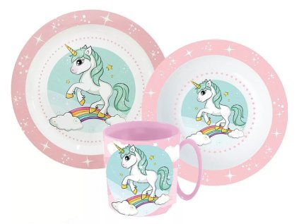 Plastový jídelní set UNICORN - JEDNOROŽEC s hrnkem růžový
