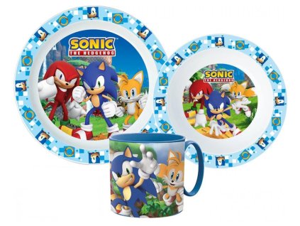 Dětský plastový jídelní set SONIC modrý s hrnkem