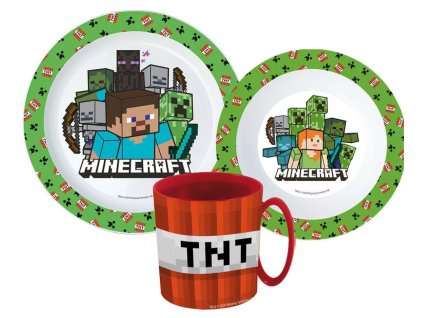 Dětský plastový jídelní set MINECRAFT zelený s hrnkem TNT
