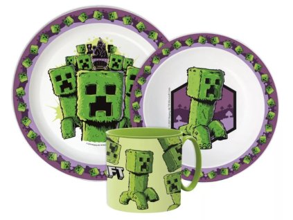 Dětský plastový jídelní set MINECRAFT zelený s hrnkem Creeper