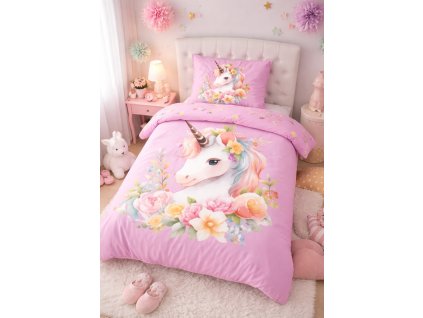 Dětské bavlněné povlečení UNICORN - JEDNOROŽEC s květinami růžové 140x200