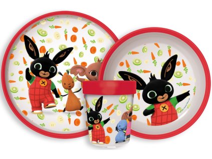 Dětský plastový jídelní set ZAJÍČEK BING s protiskluzem a kelímkem červená