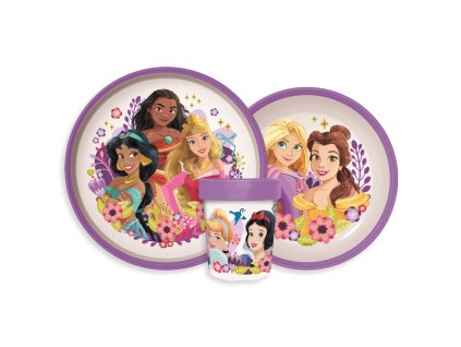 JVL66688 Dětský plastový jídelní set PRINCEZNY s protiskluzem a kelímkem fialový