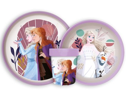 JVL66668 Dětský plastový jídelní set FROZEN s protiskluzem a kelímkem fialový