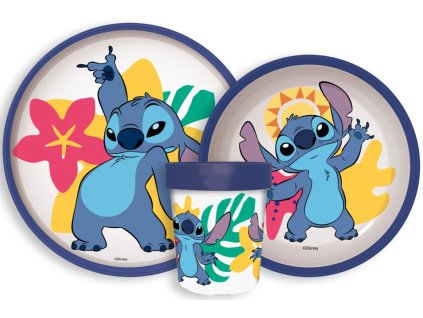 JVL66669 Dětský plastový jídelní set LILO A STOTCH s protiskluzem a kelímkem modrý