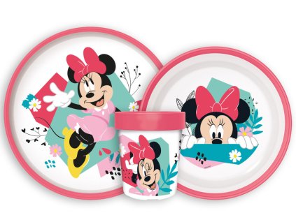 JVL66670 Dětský plastový jídelní set MINNIE s protiskluzem a kelímkem růžový