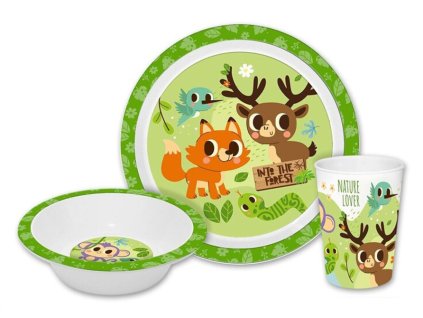 EWA11511KL Dětský plastový jídelní set ZVÍŘÁTKA V LESE s kelímkem zelený