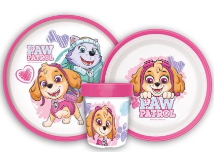 JVL66674 Dětský plastový jídelní set TLAPKOVÁ PATROLA s protiskluzem a kelímkem růžový