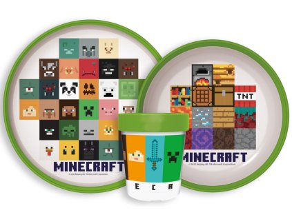 JVL66677 Dětský plastový jídelní set MINECRAFT s protiskluzem a kelímkem zelený