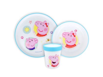 JVL66679 Dětský plastový jídelní set PEPPA PIG s protiskluzem a kelímkem modrý