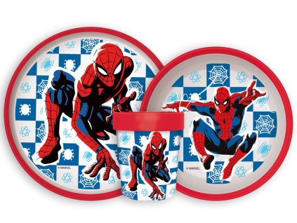 JVL66671 Dětský plastový jídelní set SPIDERMAN s protiskluzem a kelímkem modrý