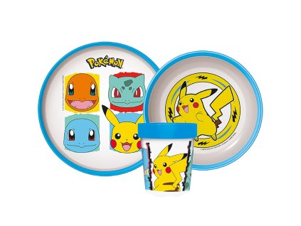 JVL66680 Dětský plastový jídelní set POKÉMONI s protiskluzem a kelímkem modrý
