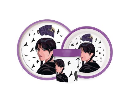 JVL66682 Dětský plastový jídelní set WEDNESDAY s protiskluzem a kelímkem fialový