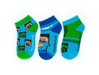 Chlapecké kotníkové ponožky MINECRAFT Creeper a Steve 3pack modro-zelené