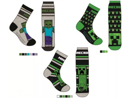 Ponožky MINECRAFT s šedou chlapecké 3pack (Barva Šedočernozelené, Velikost 35/38)
