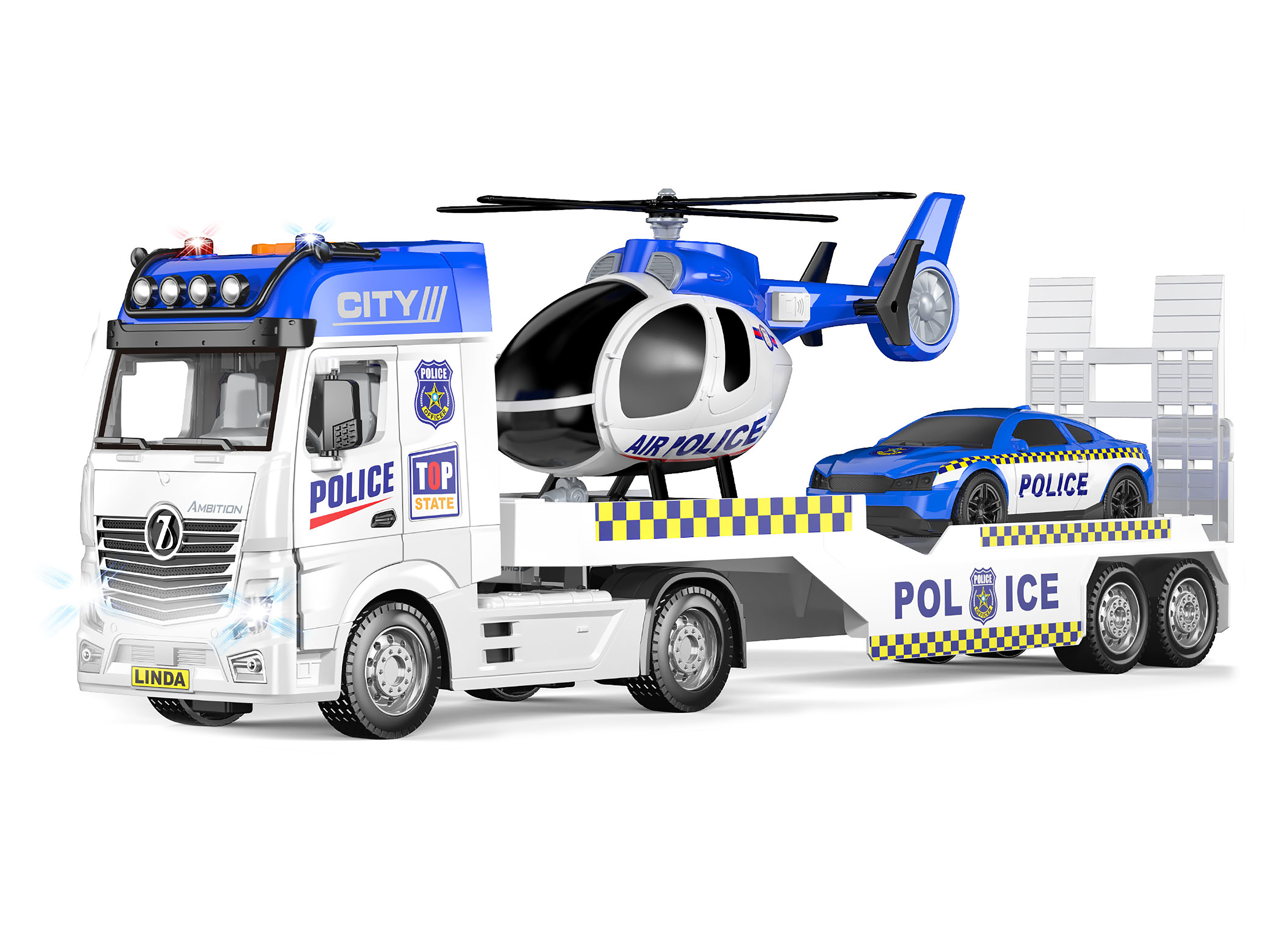 Auto policie tahač 55 cm a helikoptéra s efekty set GARFOO