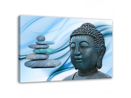 Obraz na plátně Hlava Buddhy a kameny - modrý