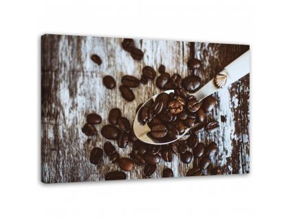 Obraz na plátně Kávová zrna na lžíci