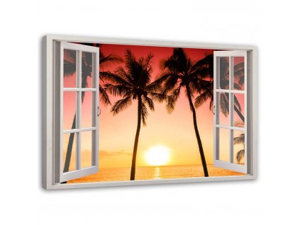Obraz na plátně Okno - slunce a palmy