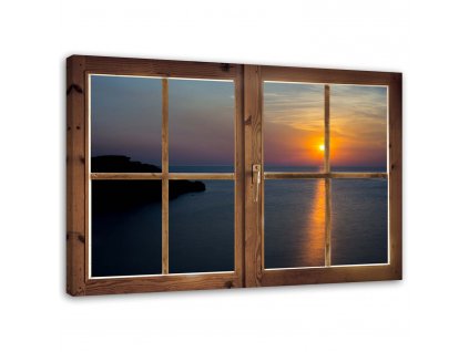Obraz na plátně Okno - západ slunce nad vodou