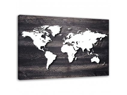 Obraz na plátně Mapa světa na šedém dřevě