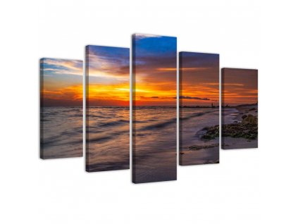 Obraz na plátně Tmavý západ slunce na pláži - 5 dílný