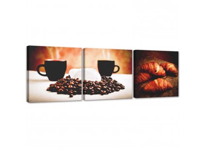 Sada obrazů na plátně Káva a croissanty - 3 dílná