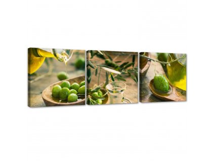 Sada obrazů na plátně Olivový olej a zelené olivy - 3 dílná