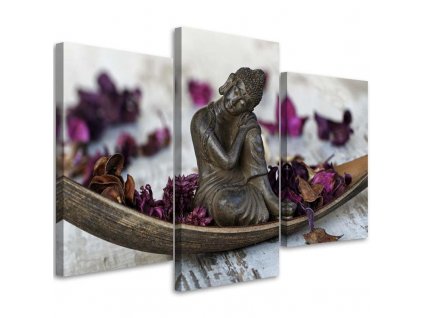 Obraz na plátně Buddha a fialové zenové květy - 3 dílný