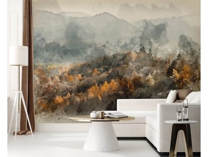 Fototapeta Podzimní les zahalený v mlze - akvarel abstrakce