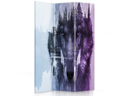 Paraván Vlk na lesním pozadí ve fialových barvách