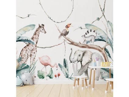 Dětská nálepka na zeď Savanna - slon, žirafa a jiná zvířata
