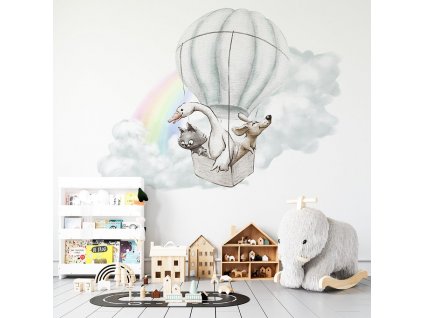Dětská nálepka na zeď Adventure in the sky - kočka, pejsek a husa v balonu