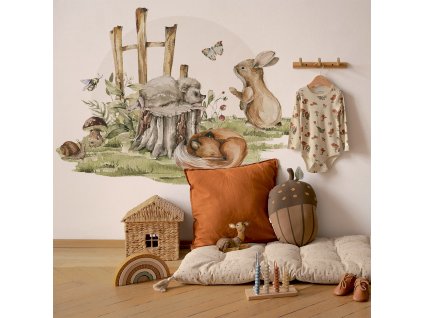 Dětská nálepka na zeď Woodland walk - ježek, zajíček a liška