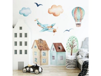 Dětská nálepka na zeď Boys world - letadlo, balón, domy a strom
