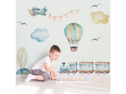 Dětská nálepka na zeď Boys world - letadlo, balón a vlak