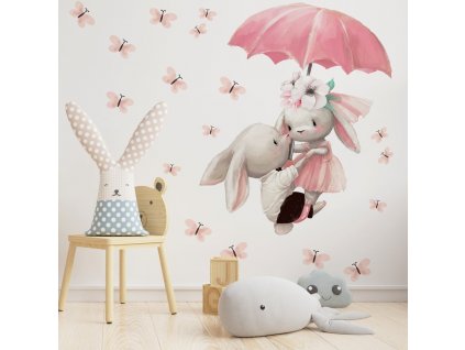 Dětská nálepka na zeď Zajíčky s deštníkem, motýli