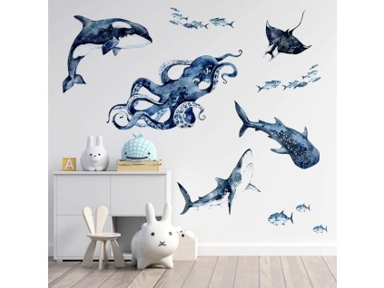 Dětská nálepka na zeď Ocean - kosatka, žralok, chobotnice, rejnok