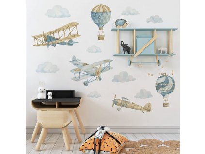 Dětská nálepka na zeď Retro balloons and airplanes - letadla, balóny a mraky