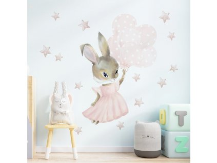 Dětská nálepka na zeď Pastel bunnies - zajíček s balony