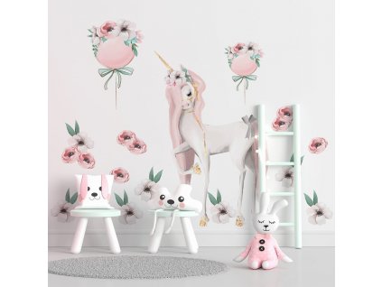 Dětská nálepka na zeď Pastel unicorns - jednorožec, červené květiny, bílé květiny, balóny