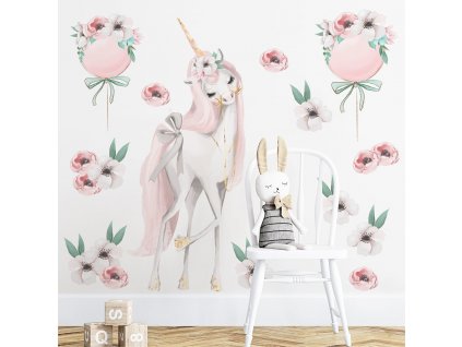 Dětská nálepka na zeď Pastel unicorns - jednorožec, balóny s bílými a červenými květy