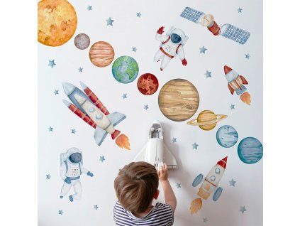 Dětská nálepka na zeď Solar system - planety, astronauti, satelit a rakety