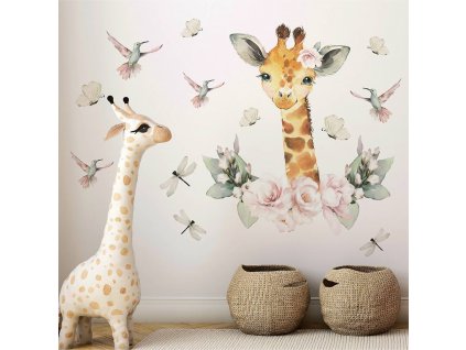 Dětská nálepka na zeď Animals among flowers - žirafa