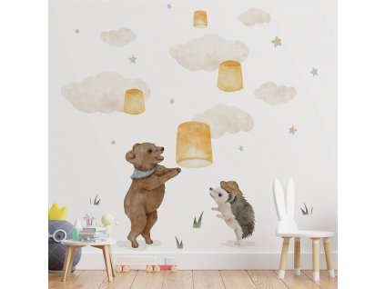 Dětská nálepka na zeď Magical animals - medvídek, ježek a lampiony